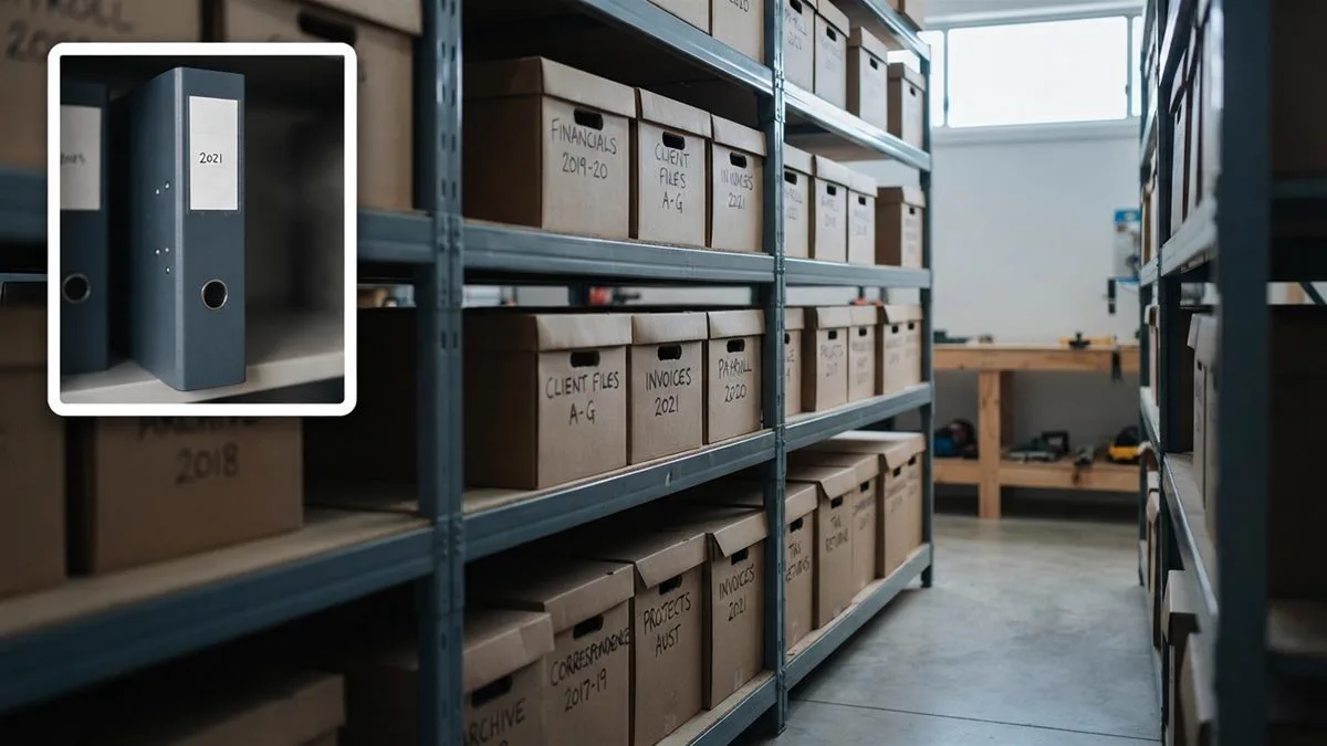Archive boxes of business records stacked in a storeroom